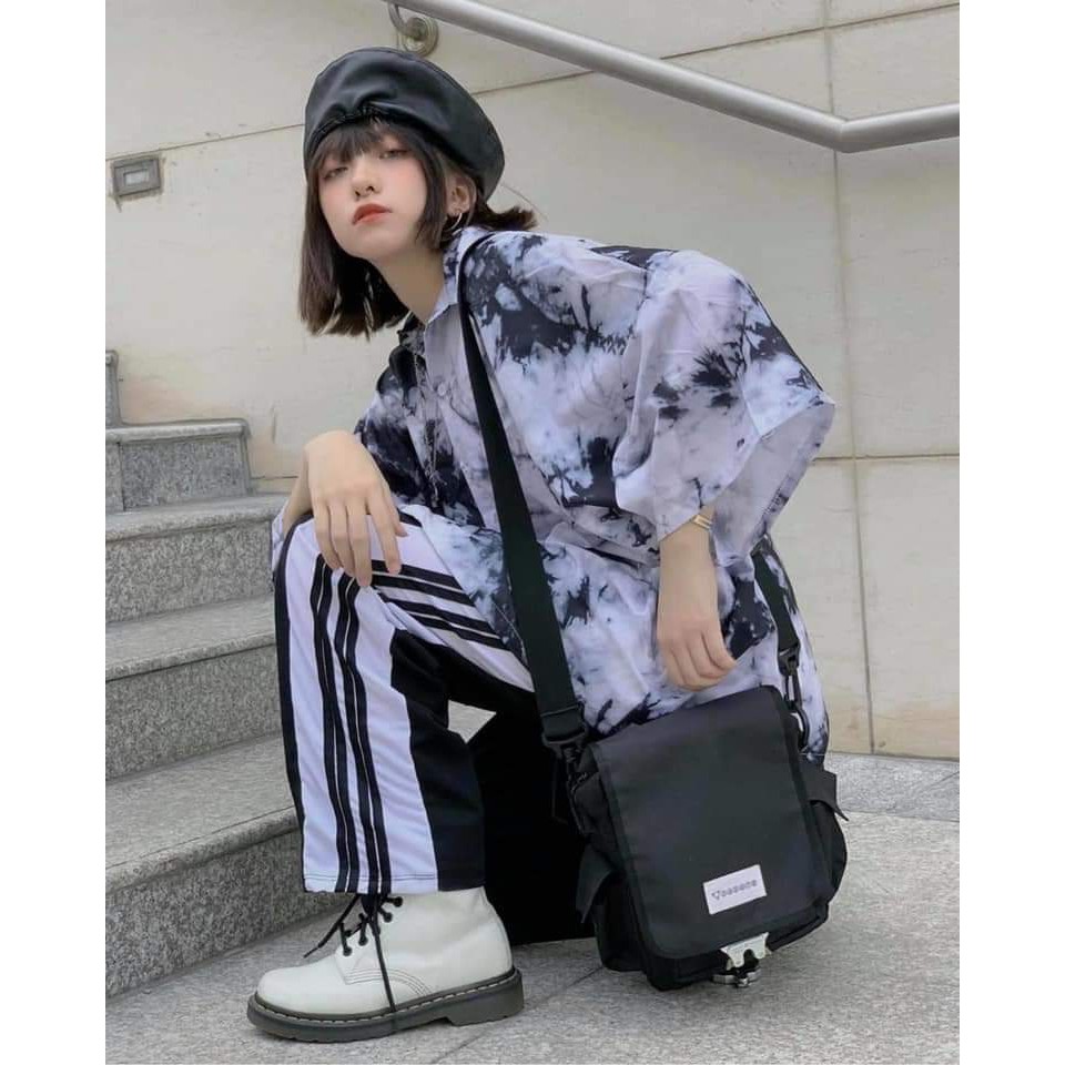 SET ÁO POLO SƠ MI LOANG ĐEN TRẮNG MIX QUẦN JOGGER ĐEN ỐNG SUÔNG 4 SỌC VIỀN MẶC NHIỀU KIỂU ULZZANG