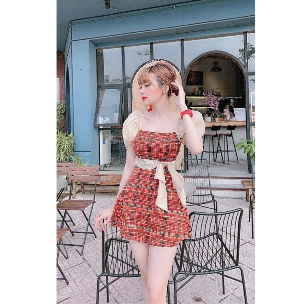 Đầm váy cổ vuông tay phồng phối họa tiết kết nơ sang trong, thời trang nữ dạo phố, dự tiệc | BigBuy360 - bigbuy360.vn