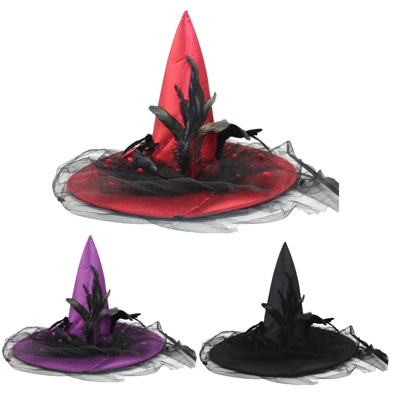 Mũ Phù Thủy Phối Ren Đính Lông Vũ Hóa Trang Halloween
