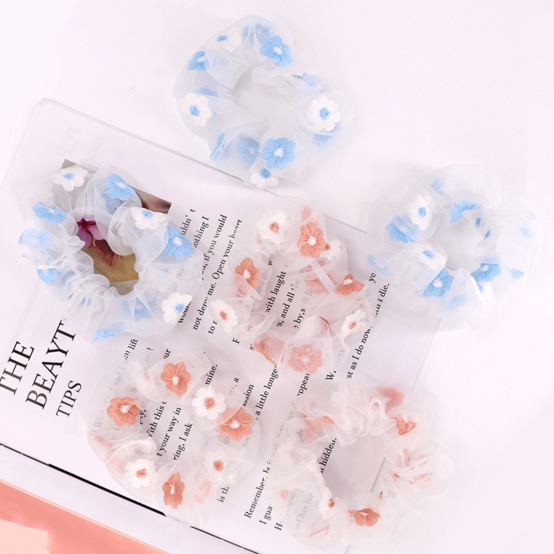 Dây buộc tóc vải voan xuyên thấu co giãn thêu họa tiết hoa dễ thương cho bé gái