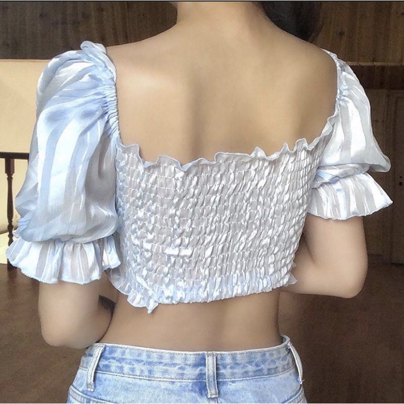 Áo Crop Xanh Nước Biển Tay Phồng Lưới, [ADORABLE], Croptop Nhúng Ngực Xanh Biển Ulzzang Hot Trend 2021 Ảnh Thật