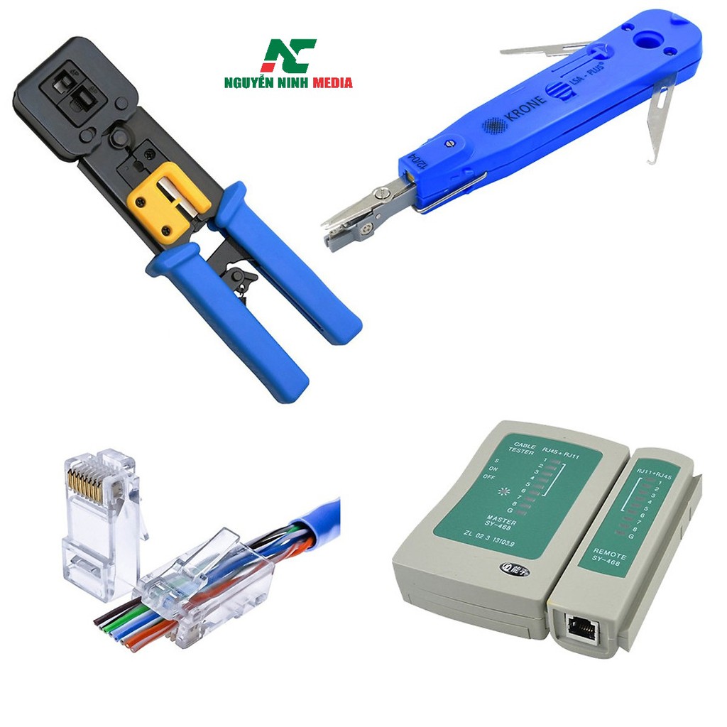 Bộ sản phẩm Kìm bấm xuyên thấu + Tool nhấn mạng+ 100 Hạt mạng xuyên thấu RJ45 + Hộp test mạng