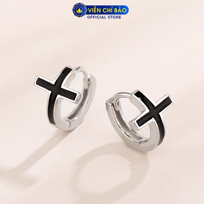 Bông tai bạc unisex chữ thập trơn đen chất liệu bạc 925 thời trang phụ kiện trang sức nữ Viễn Chí Bảo B100033