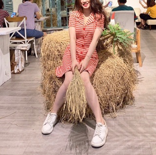 Đầm caro cổ vest