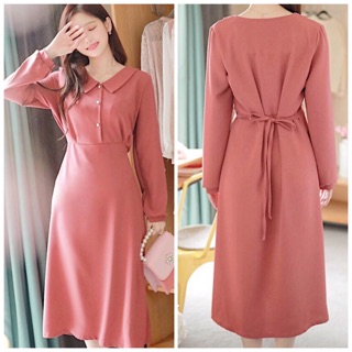 Đầm hồng ruốc cổ sen nút trắng (kèm hình thật)