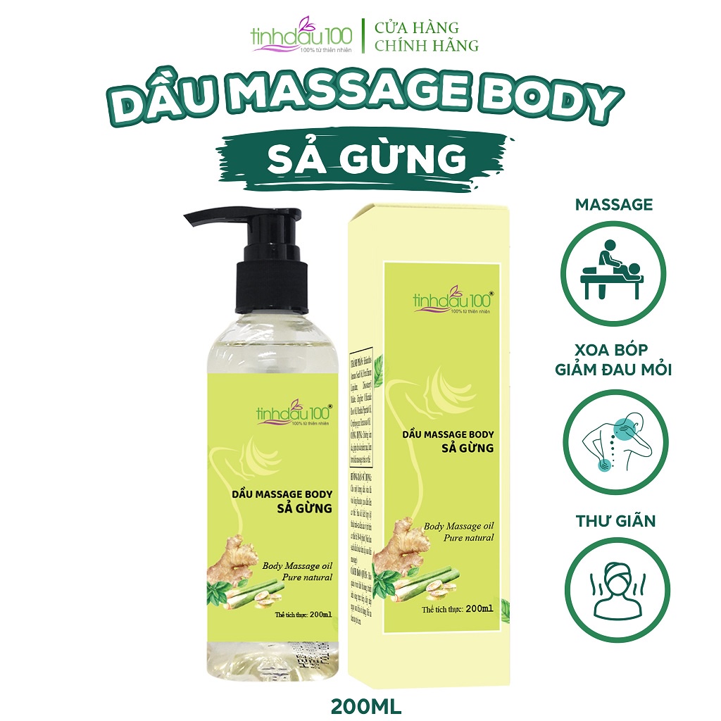 Dầu massage body sả gừng Tinh Dầu 100 làm nóng thư giãn, xoa bóp bấm huyệt, giảm đau mỏi chai 200ml