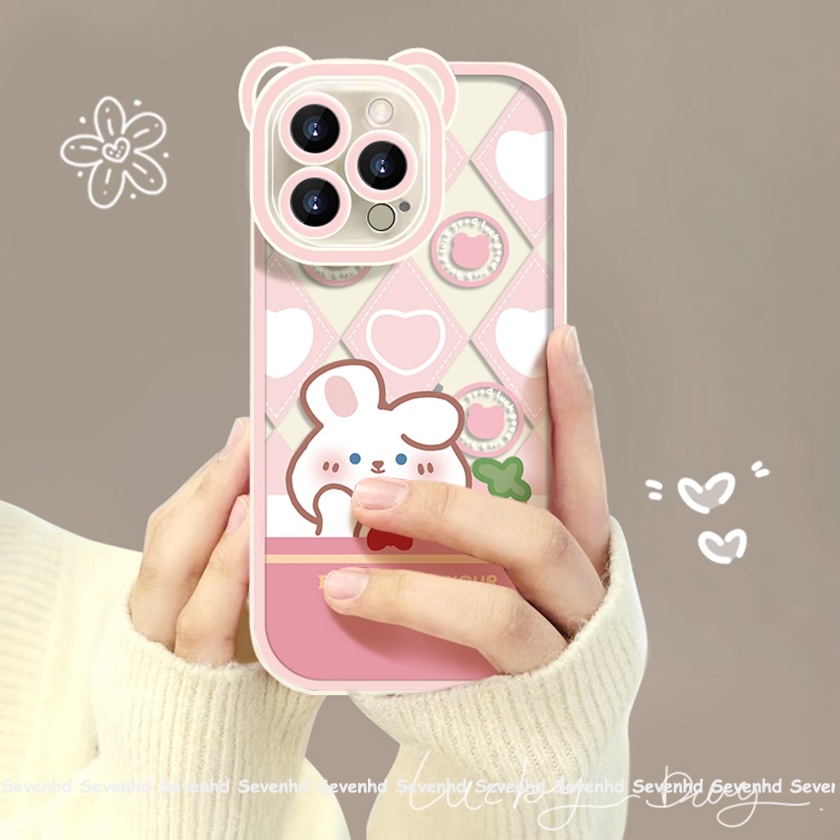 Ốp Điện Thoại Mềm Sọc Ca Rô Đính Tai Thỏ / Gấu Hoạt Hình Cho iPhone 14 13 12 11 Pro Max Xs Max Xr X 6 6s Plus