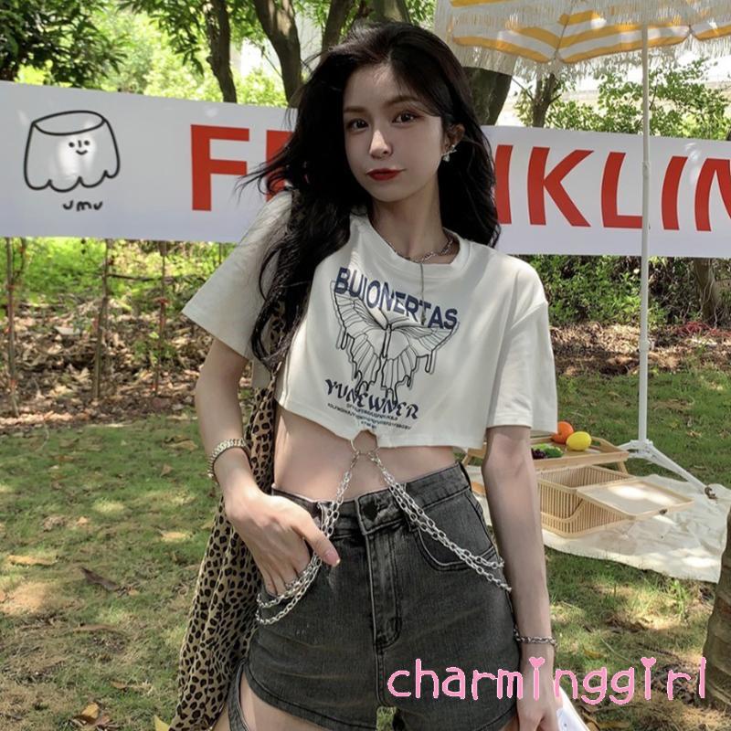 QAQ-Women´s Cropped Tops Short Sleeve Round Collar Butterfly Letters Print Metal Chain Street Party Shirt