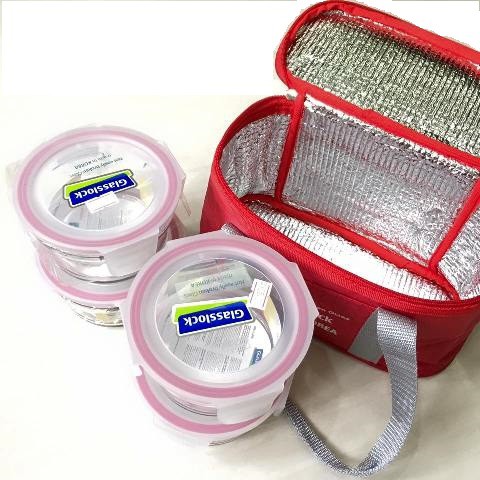 Set 4 hộp đựng cơm giữ nhiệt GLASSLOCK 350ml kèm túi giữ nhiệt