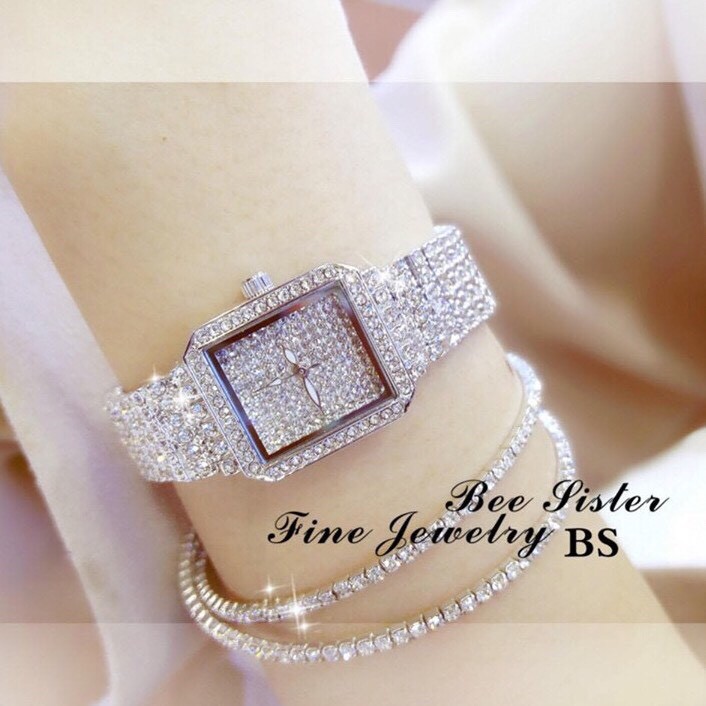 Đồng Hồ Nữ BEESISTER BS14 Mặt Vuông Đính Full Đá Siêu Đẹp Dây Thép Không Gỉ