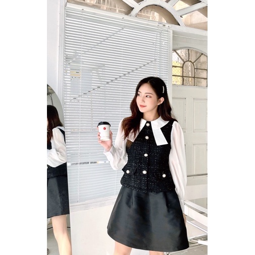 TAYLOR TOP (Bản Đen) mix JULIE SKIRT - Áo dạ tweed đen pha voan + Chân váy đen tarfa cao cấp