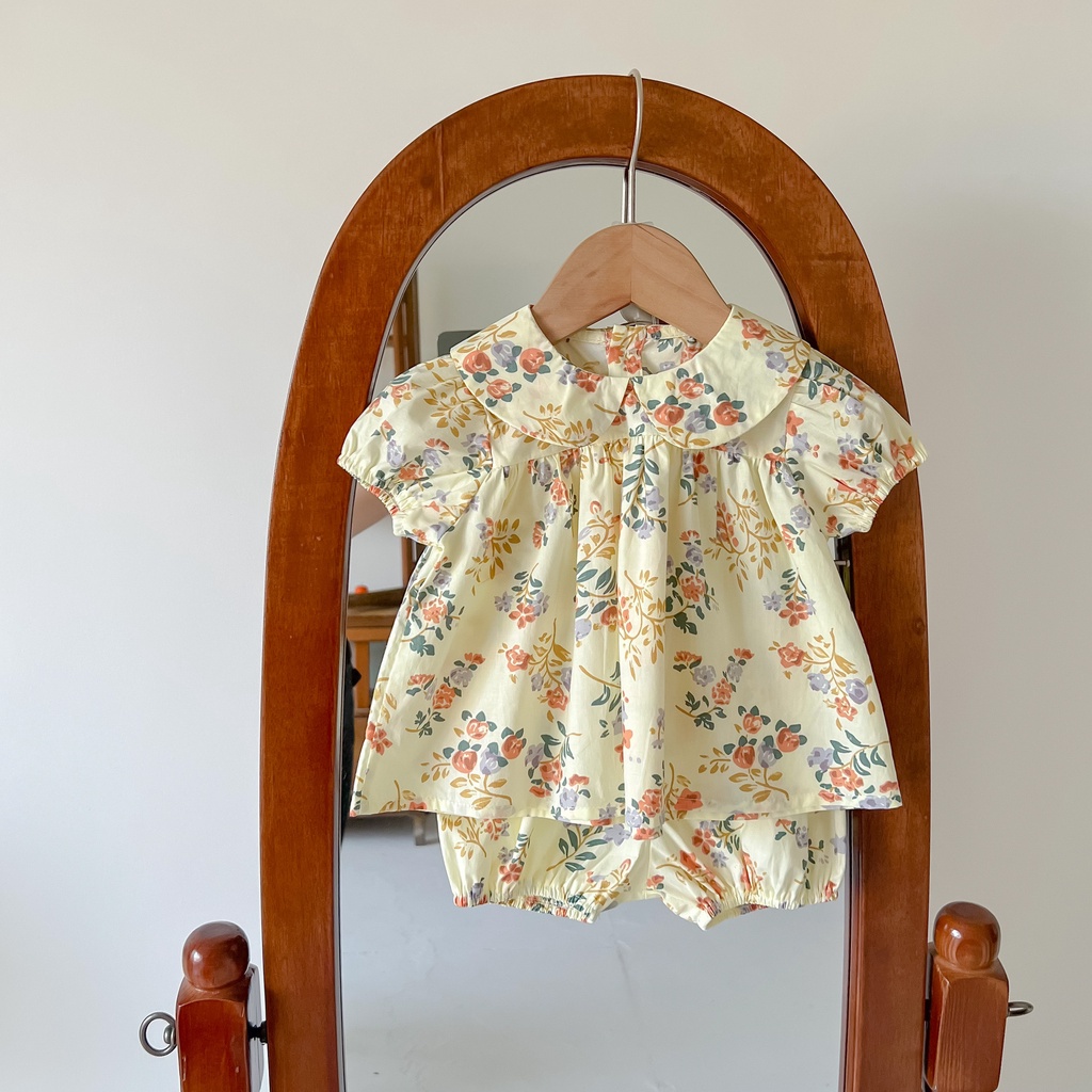 Bộ Áo Tay Ngắn Cổ Búp Bê + Quần In Hoa Dễ Thương Thời Trang Mùa Hè Cho Bé Gái
