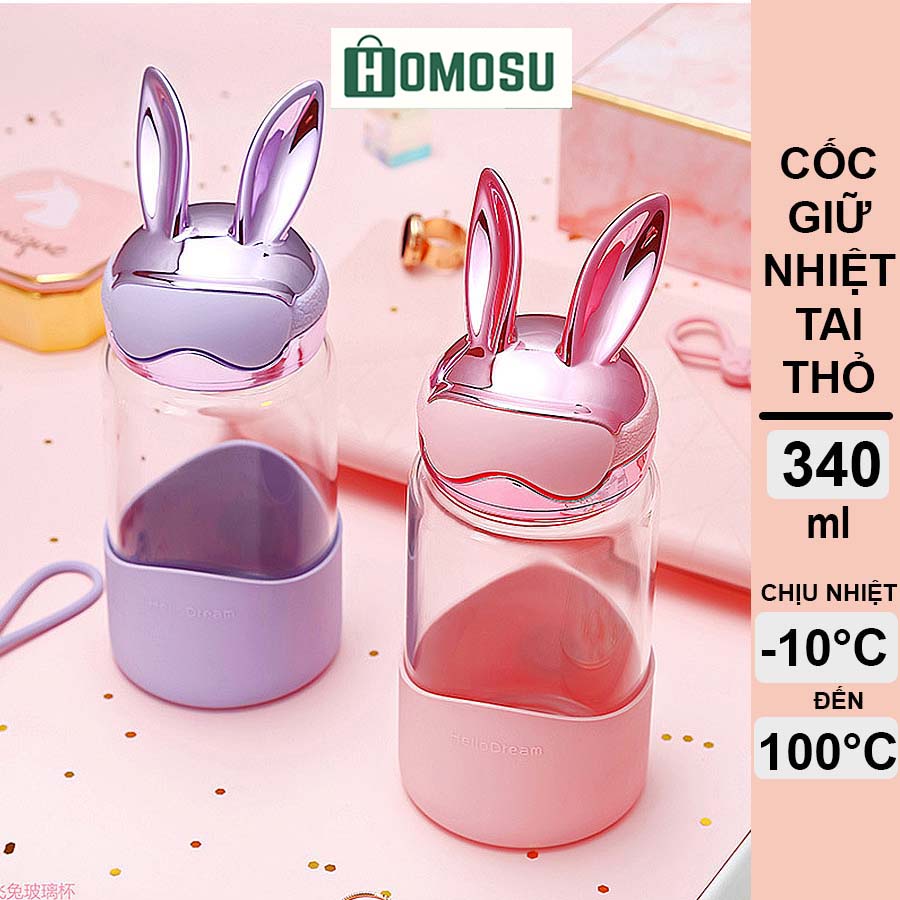 Bình Nước Thủy Tinh, Bình Đựng Nước Có Tai Thỏ Thời Trang 340ML H-6042