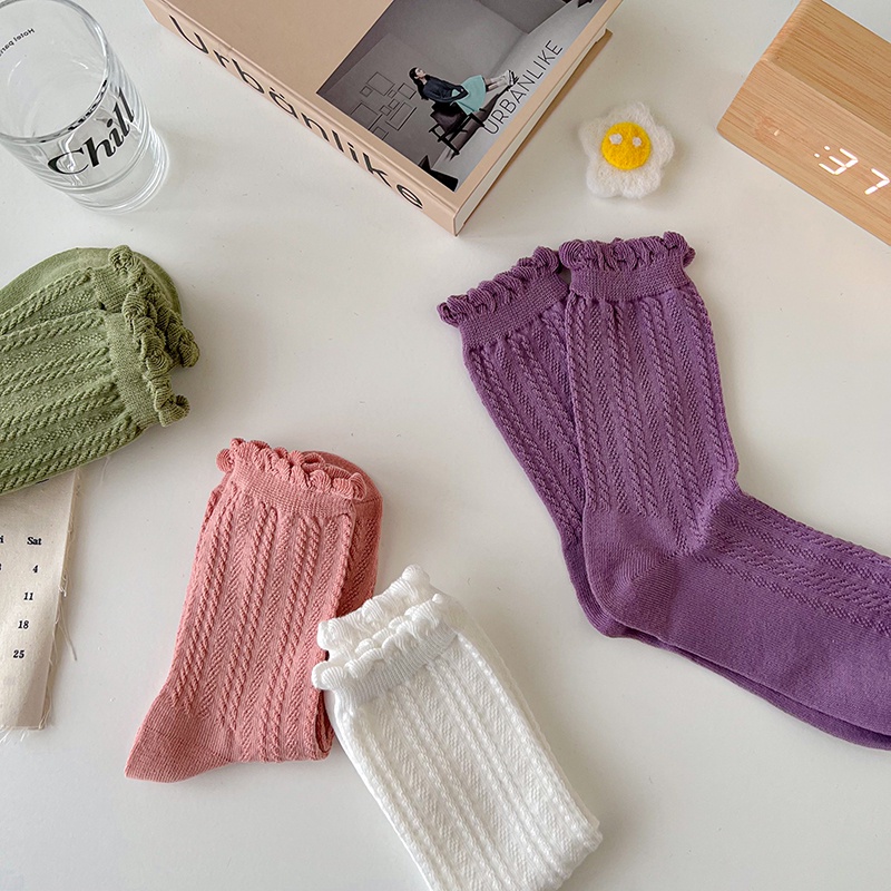 Vớ cổ cao vừa gấu nhún bèo màu trơn cotton lưới thoáng khí phong cách ngọt ngào đáng yêu dành cho nữ