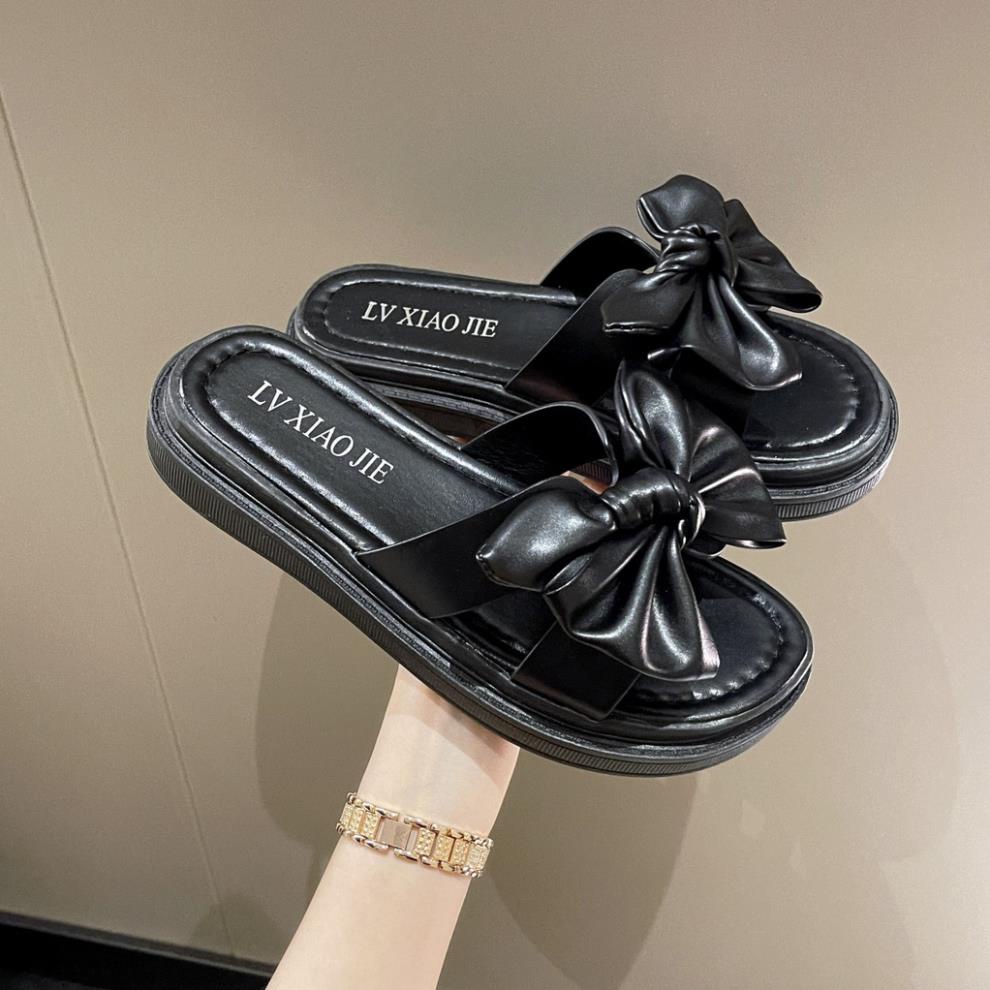 Dép nữ thắt nơ da mềm đế bánh mì siêu nhẹ LuxyShoe