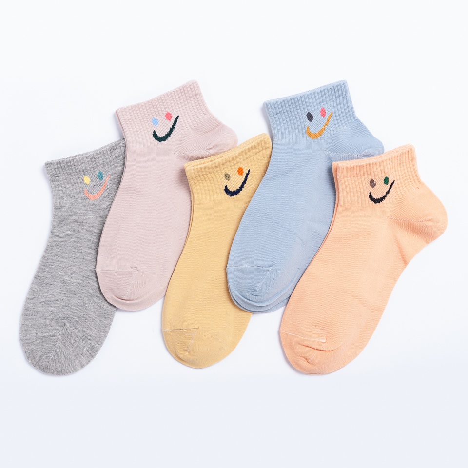 Vớ Nữ Cổ Ngắn Hàn Quốc MINSU M1355 Thêu Mặt cười Cute, Chất Cotton Thoáng Mát Thấm Hút Mồ Hôi