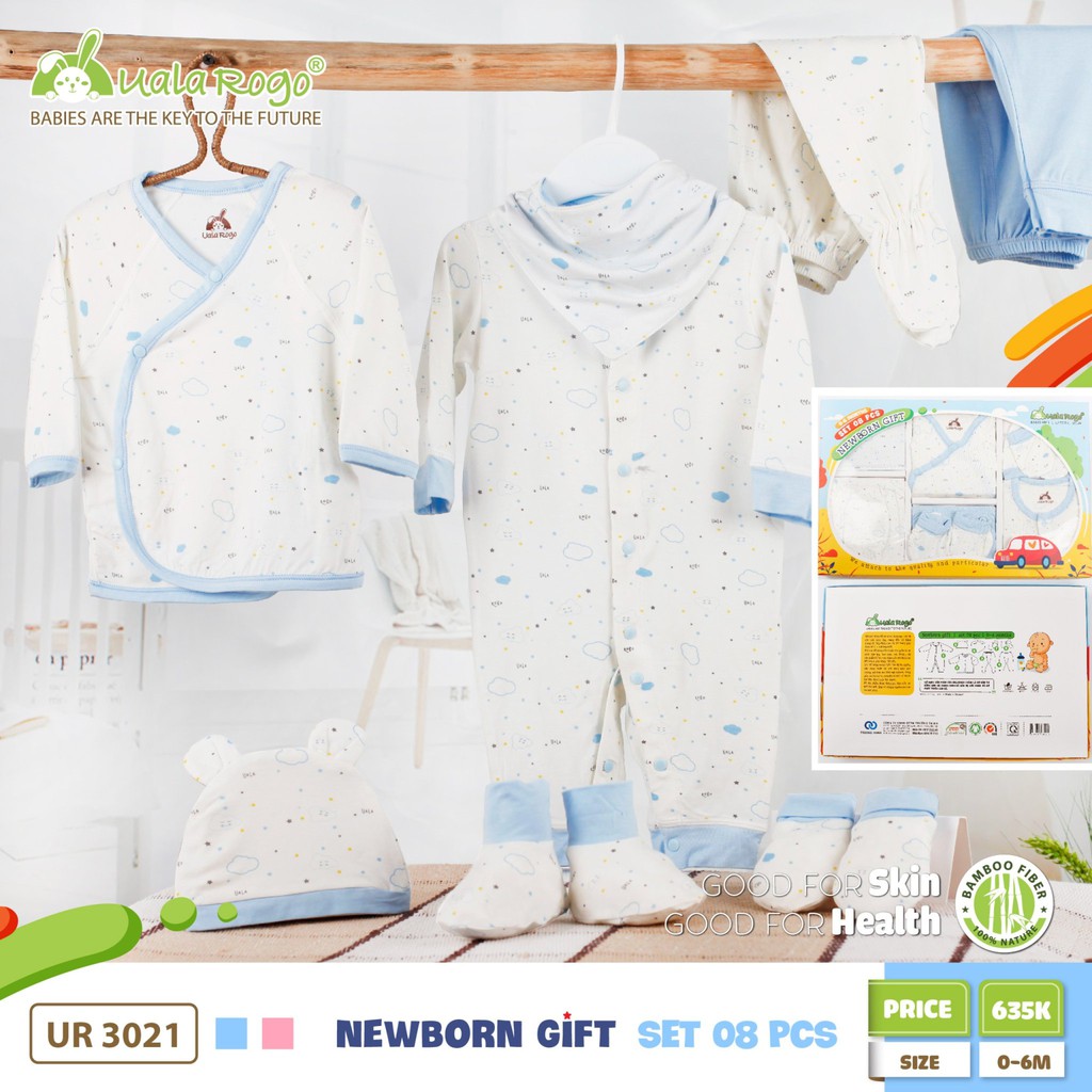 Set hộp quà tặng 8 món trọn bộ Uala Rogo quần áo phụ kiện cho bé sơ sinh Bamboo cao cấp mềm mịn mát thấm hút tốt 3021