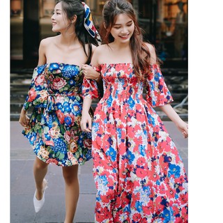 Đầm maxi bẹt vai họa tiết hoa - d1051