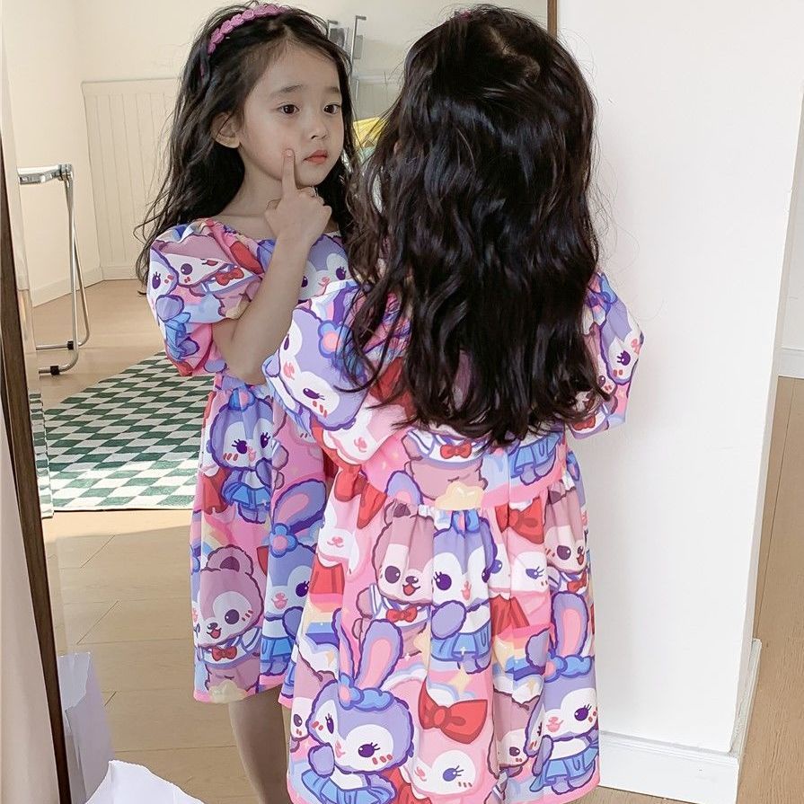 Đầm Ngắn Tay Họa Tiết Thỏ Hoạt Hình Thời Trang Mùa Hè Hàn Quốc 2023 Dành Cho Bé Gái