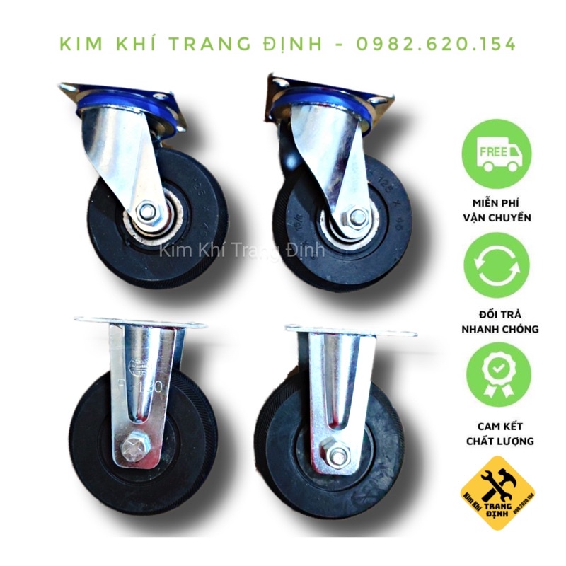 Bộ 4 bánh xe đẩy Cao su 100x38mm xoay 360 độ chịu lực 200kg, có khóa chống trơn trượt