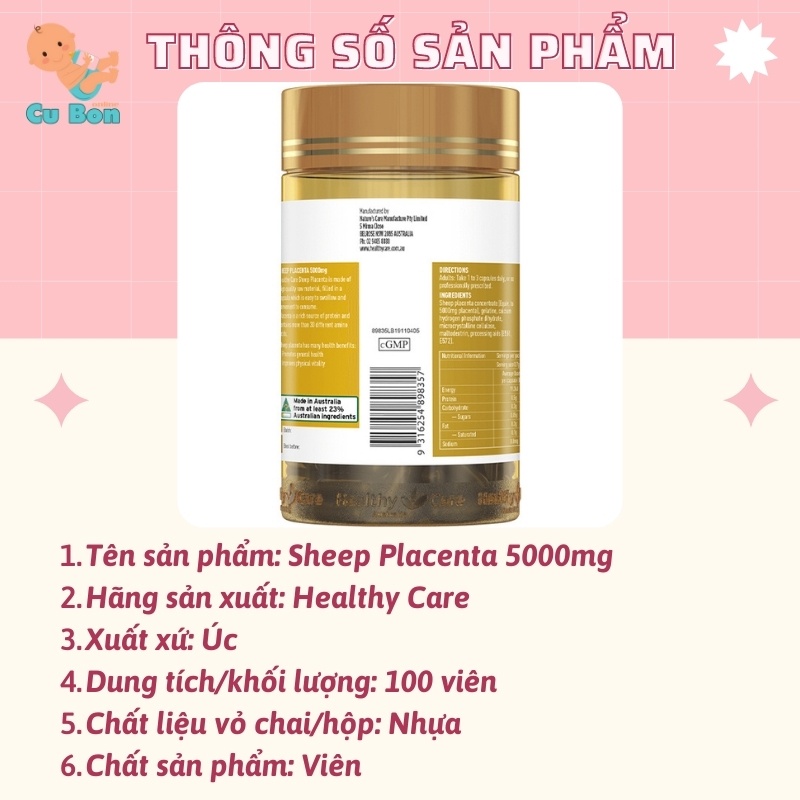 Nhau Thai Cừu Healthy Care Sheep Placenta 5000mg của Úc 100 viên cho người trên 18 tuổi giúp làn da trắng sang khoẻ mạnh