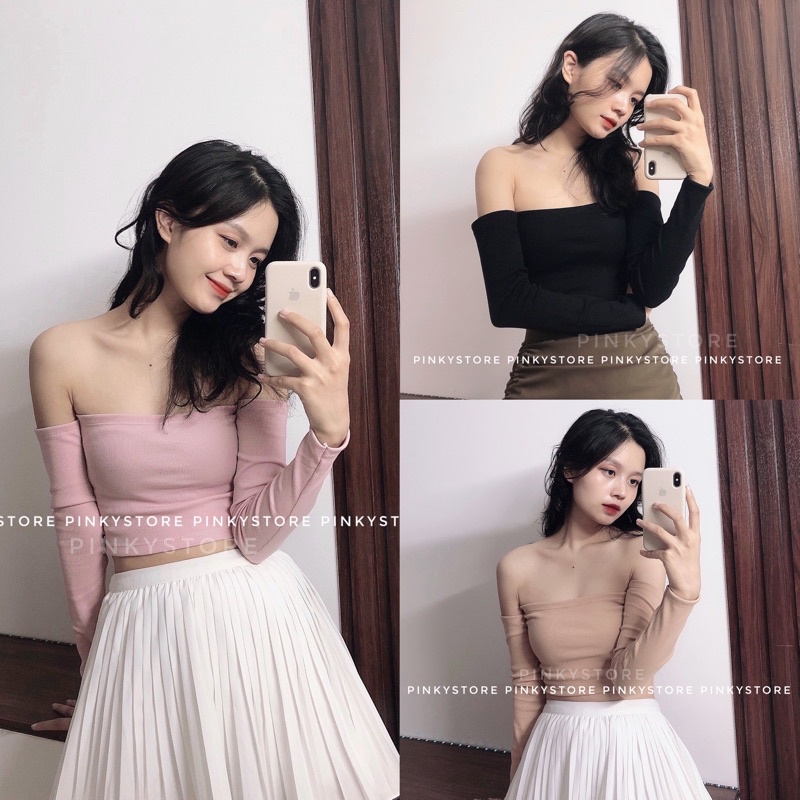 (5 Màu) Áo Croptop Tay Dài Trễ Vai Pinkystore