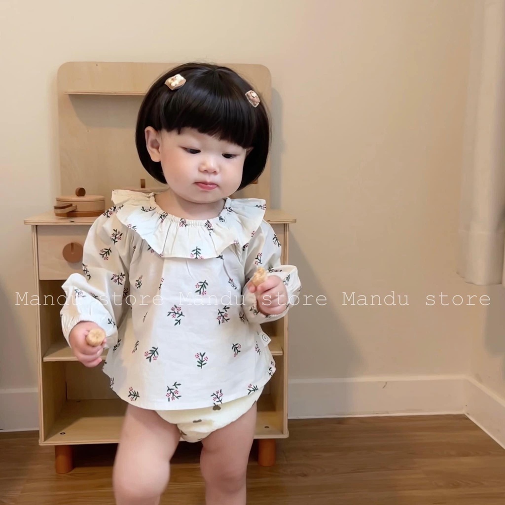 Áo sơ mi dài tay hoa nhí tiểu thư , bánh bèo cổ tròn dễ thương cho em bé gái sơ sinh phong cách hàn quốc , hàn xẻng