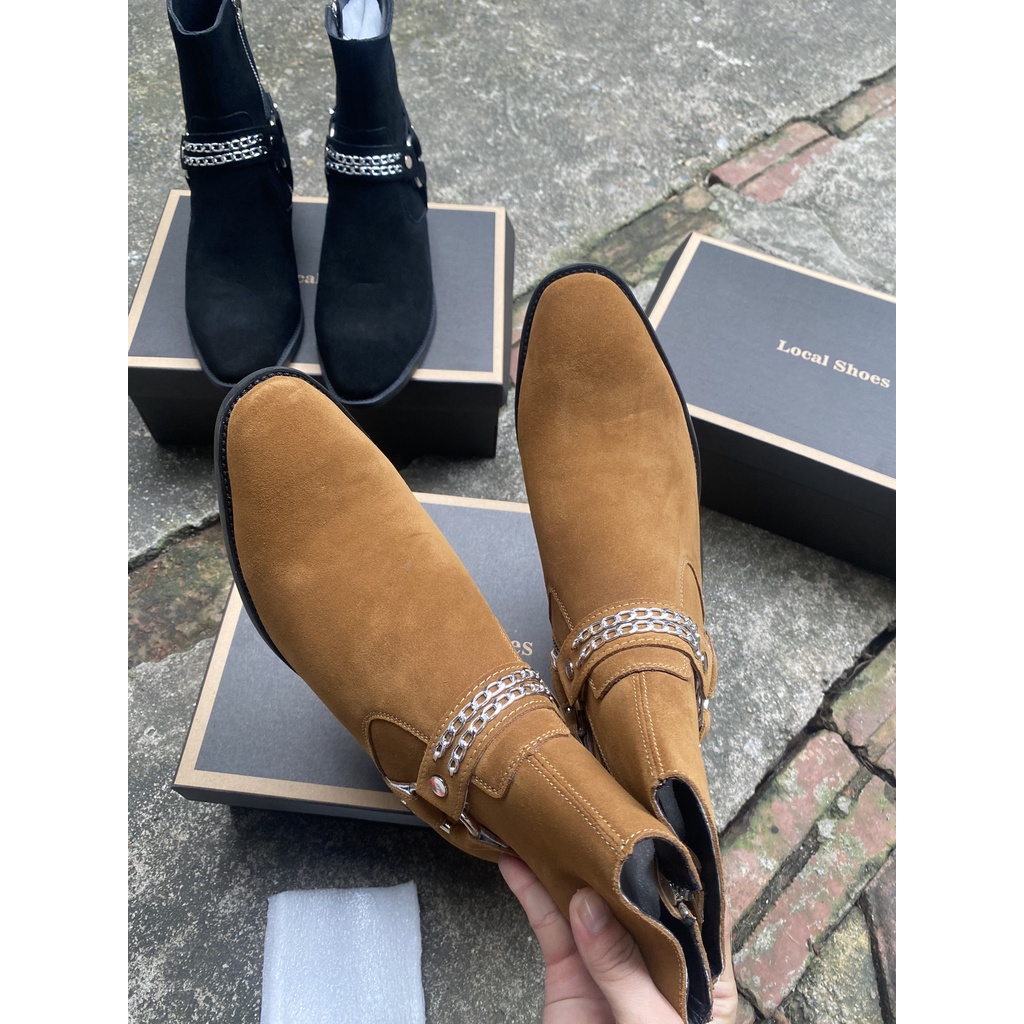 Giày Harness Boots thời trang nam chất liệu da bò lộn màu nâu khóa zip | BigBuy360 - bigbuy360.vn