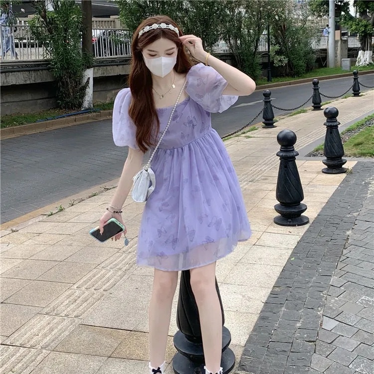 Đầm chiffon ZHELIHANGFEI tay phồng cổ vuông họa tiết bướm xinh xắn