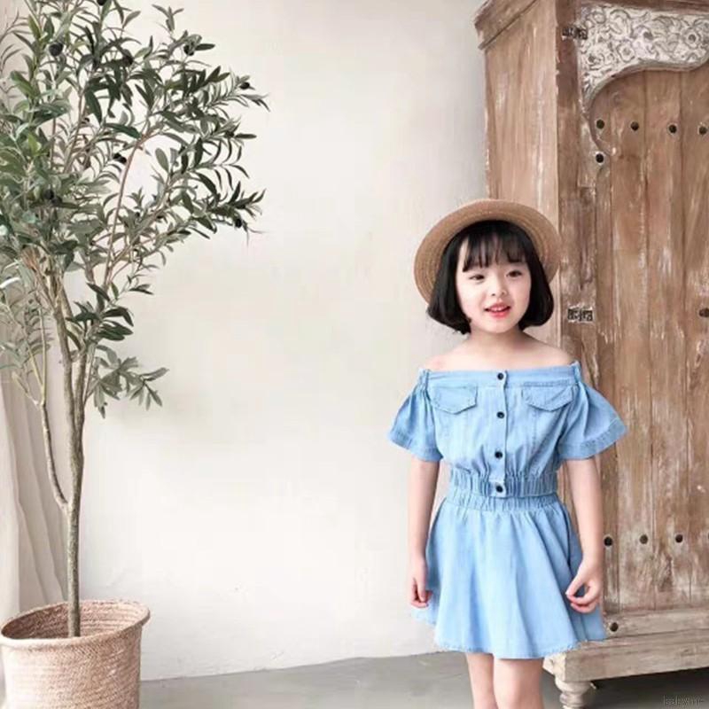 Set Áo Sơ Mi Denim Ngắn Tay + Chân Váy Xòe Dễ Thương Cho Bé Gái