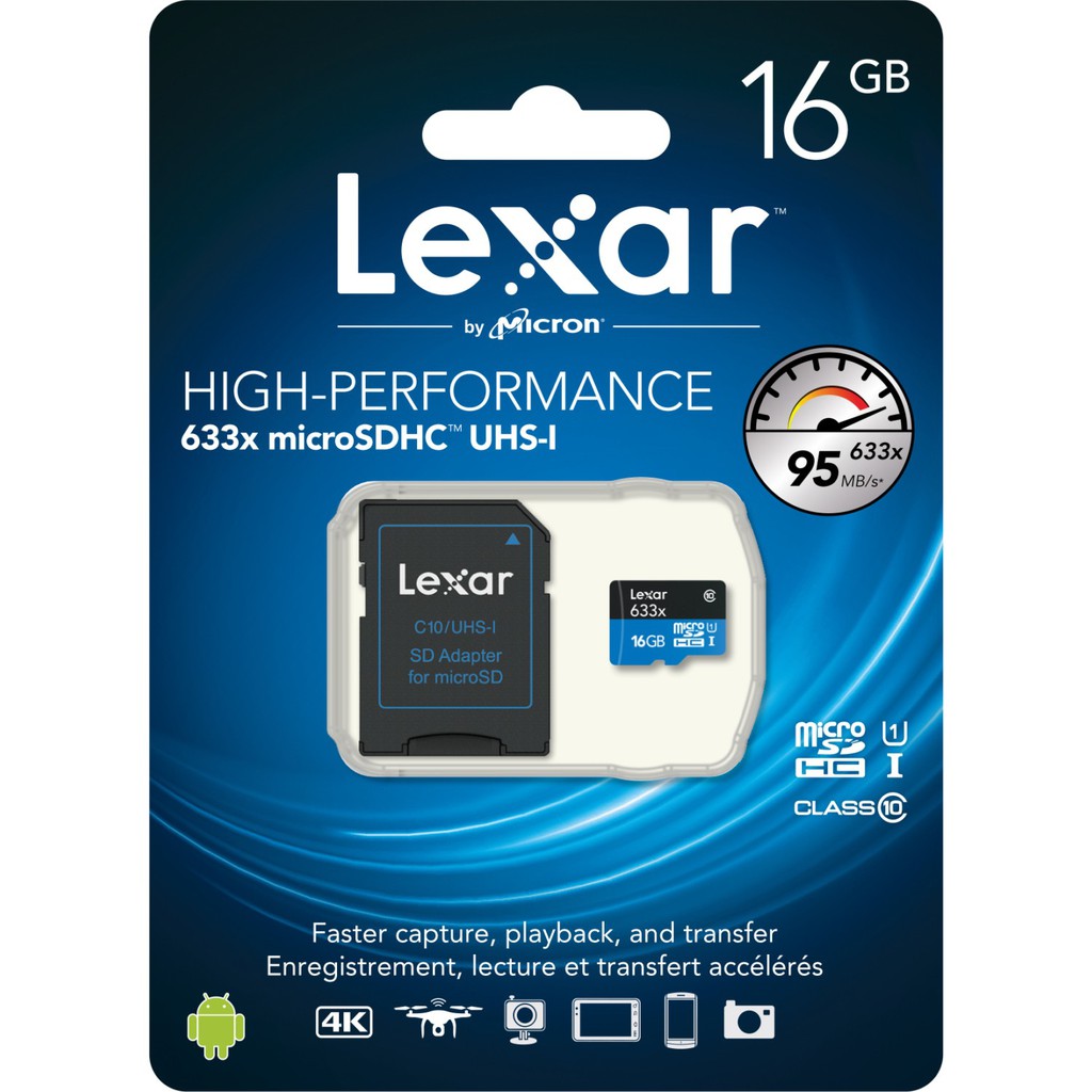 Thẻ nhớ MicroSDHC Lexar 16GB 633x UHS-I U1 95MB/s kèm adapter (Xanh)