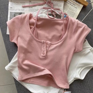 Áo thun croptop dày dặn cặp dây thắt nơ cổ gài nút xinh xắn