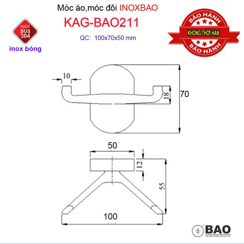 Móc treo đồ cao cấp Inox Bảo, móc áo Inox SUS304 KAG-BAO211