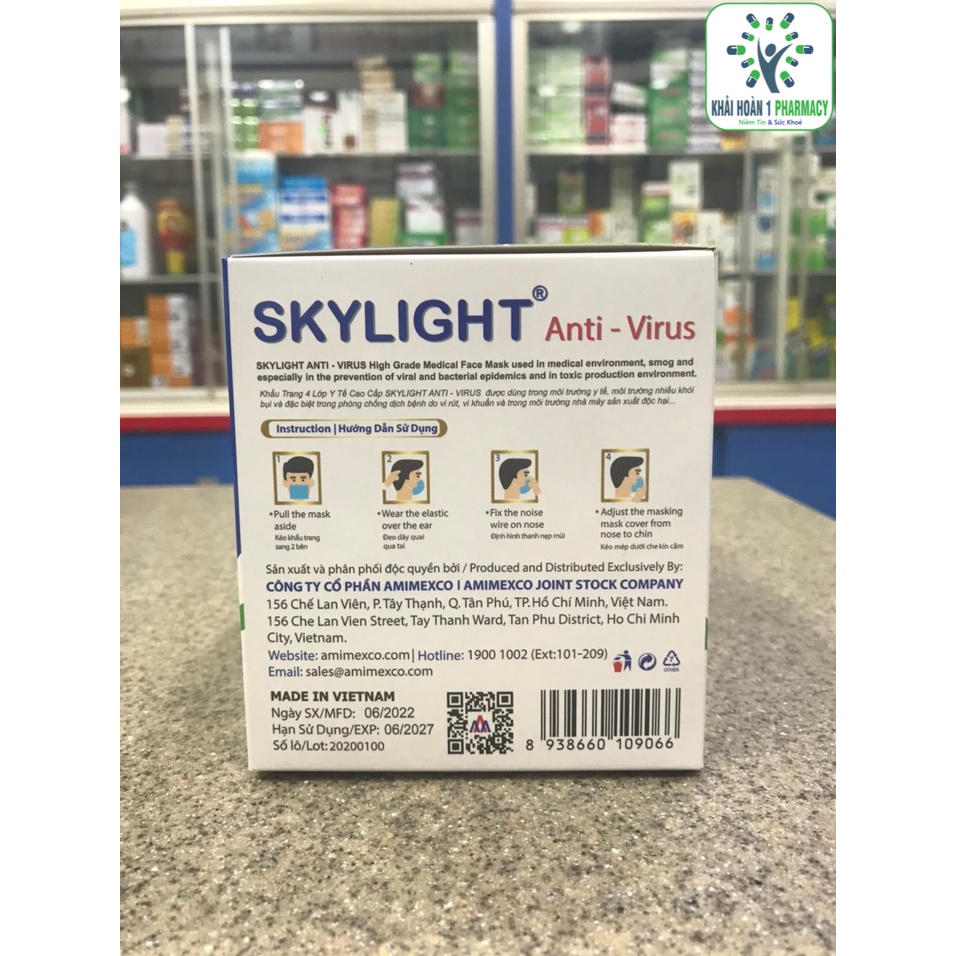 Khẩu trang y tế cao cấp SKYLIGHT ANTI-VIRUS 4 lớp giúp bảo vệ cơ thể khỏi khói bụi và vi khuẩn hiệu quả - Hộp 50 cái