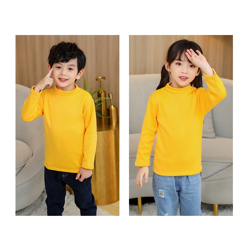 Áo thun tay dài cổ tròn lót nhung màu trơn giữ ấm thời trang thu đông cho bé 90-150CM