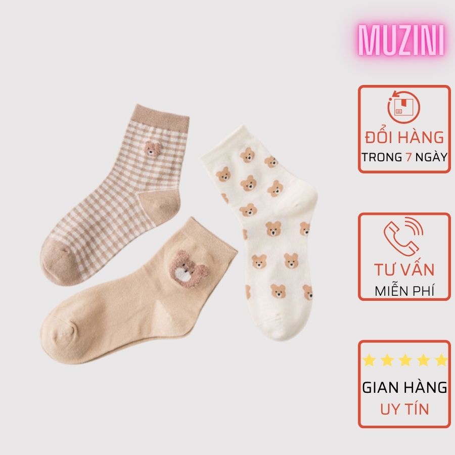 Set 3 Vớ nữ Muzini tất nữ cổ cao họa tiết hình gấu dễ thương TN91