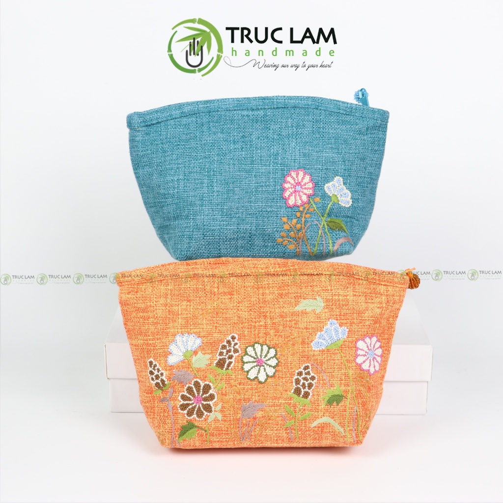 Ví Cầm Tay Nữ Vải Gai Họa Tiết Hoa Cỏ Sa Hạt Thêu Tay 2 Mặt - Trúc Lâm Handmade
