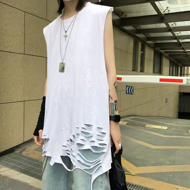 Áo tank top 95% cotton rách gấu tạo layer đen trắng - Áo ba lỗ bóng rổ unisex nam nữ