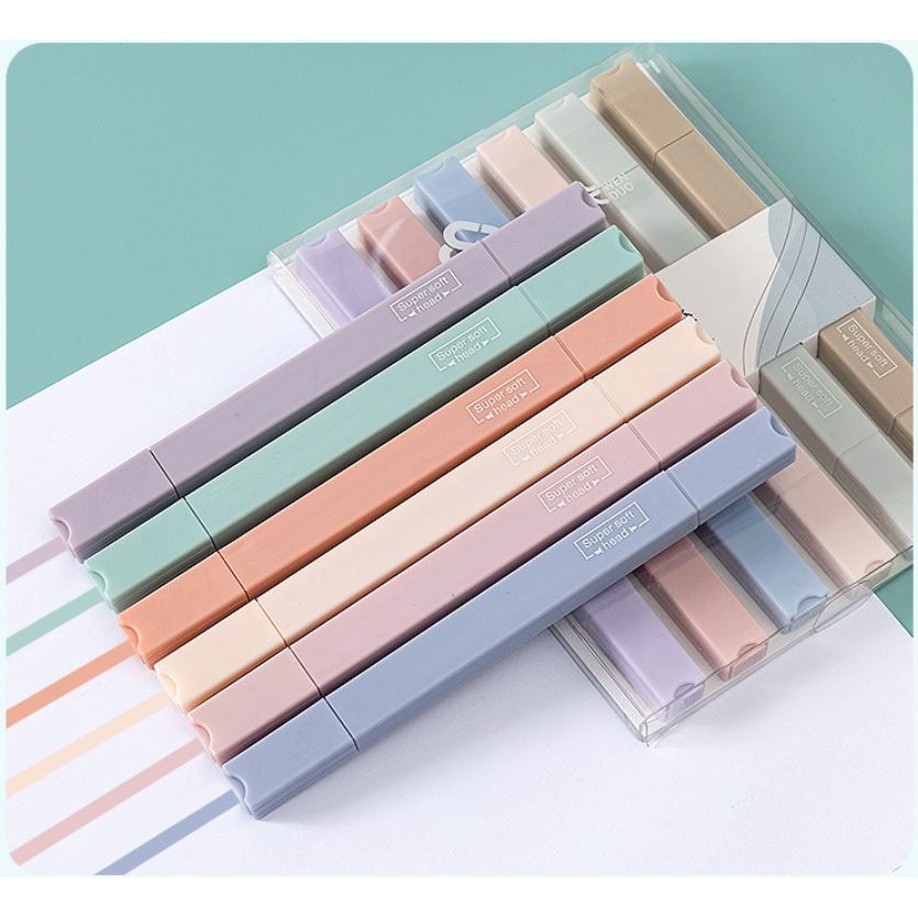 Bút highlight vuông pastel 2 đầu Béo shop , set 6 bút đánh dấu nhớ dòng morandi trang trí sổ bullet journal B18