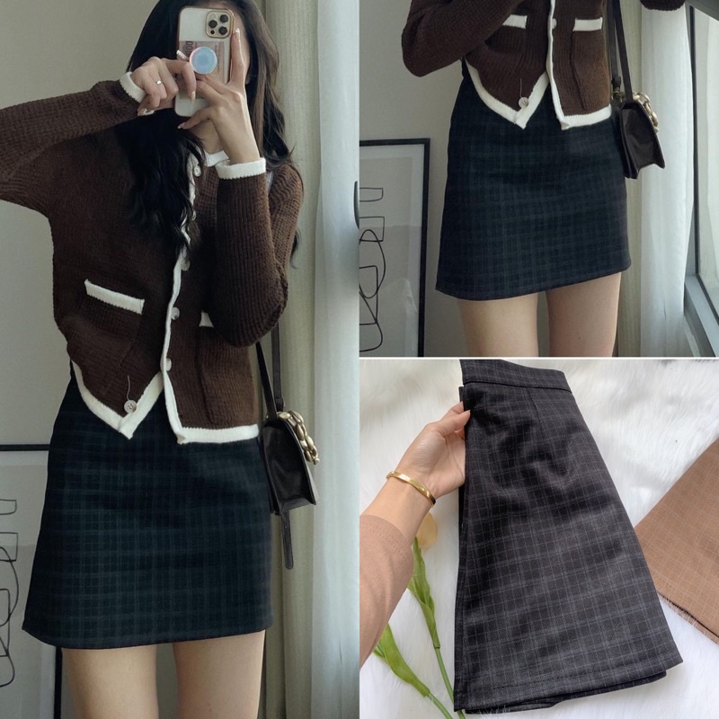 [Ảnh thật/video] Chân váy kẻ chữ A PEONY xinh xắn STYLE RETRO Chân váy ngắn có quần trong phong cách Hàn Quốc