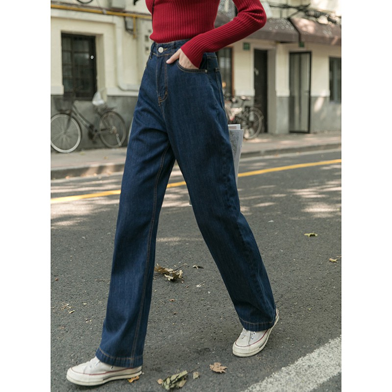 ▩✺✸đã hoàn thành quần jean ống rộng màu xanh đậm của phụ nữ cạp cao thẳng lưng retro phong cách mới mỏng mùa xuân