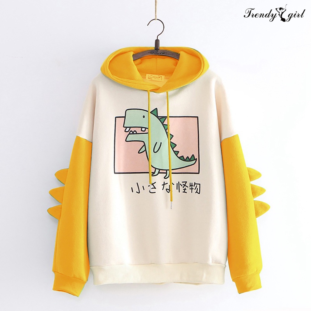 Áo Hoodie Cotton Pha Tay Dài In Họa Tiết Khủng Long Cho Bé Gái