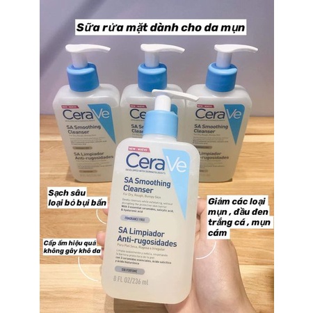 Sữa Rửa Mặt CeraVe SA Smoothing Cleanser 236ml Màu Xanh Dương Chính Hãng Cho Da Mụn, Khô Ráp,Sần Sùi chứa Acid Salicylic