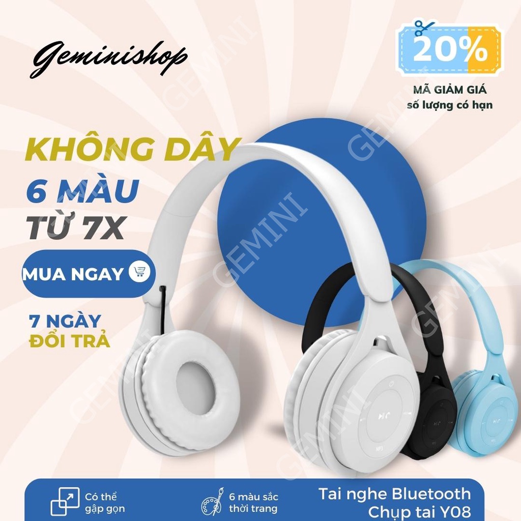 Tai Nghe Bluetooth 5.0 Chụp Tai có micro Headphone không dây thời trang màu sắc Y08 GEMINI SHOP