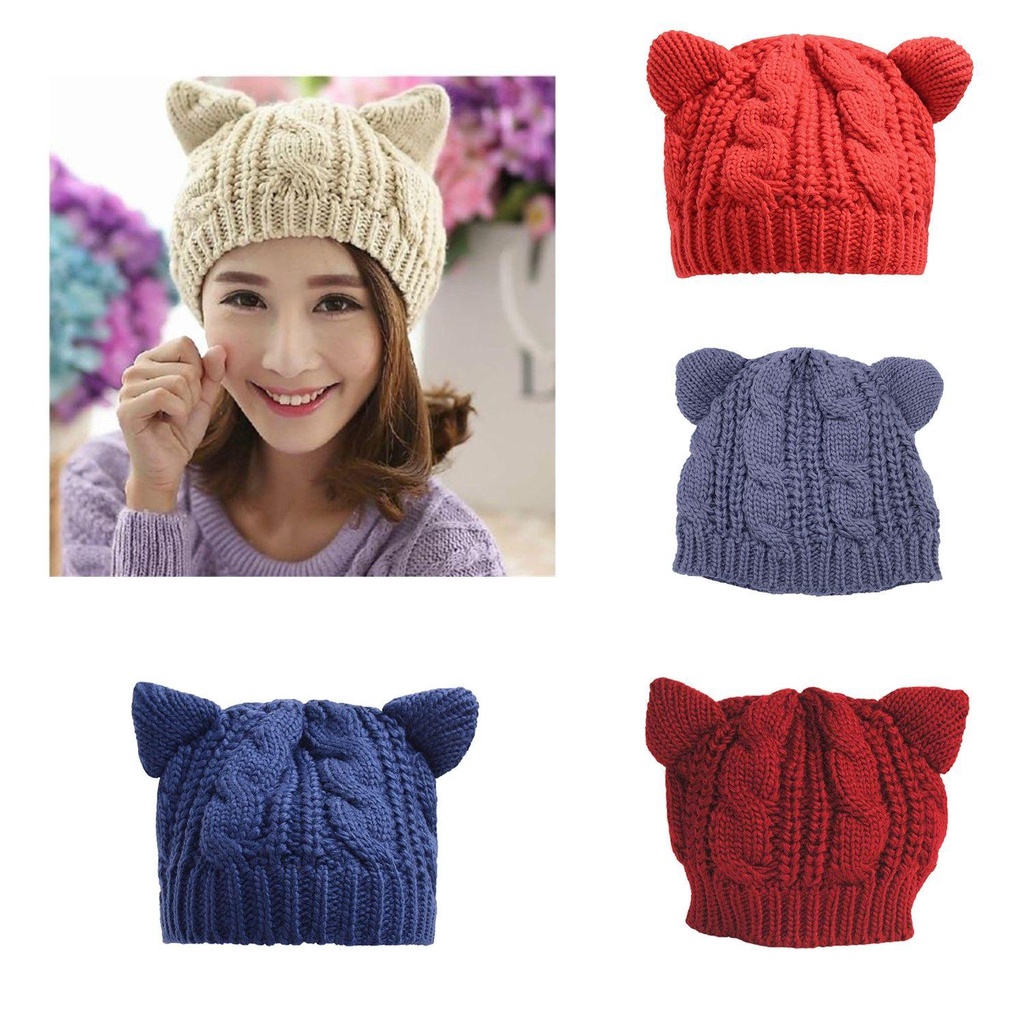 Mũ Beanie Trùm Đầu Màu Trơn Đính Tai Mèo Thời Trang Mùa Đông Cho Nữ