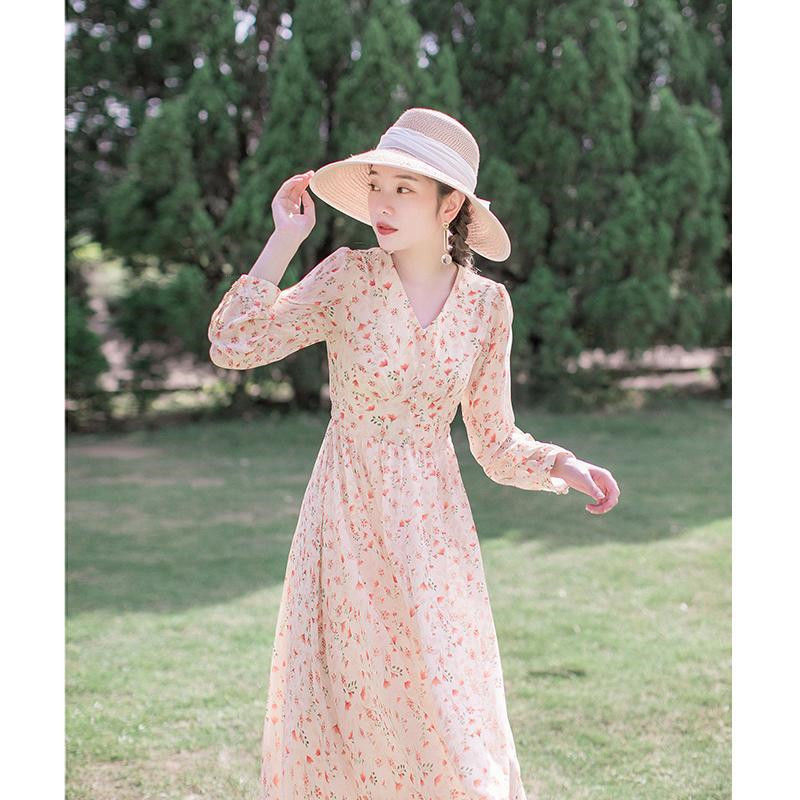 Đầm maxi tay dài cổ chữ V thiết kế hoa xinh xắn cho nữ cỡ S - 2XL | BigBuy360 - bigbuy360.vn