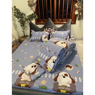 Trọn bộ 5 món chăn ga gối Poly mẫu Cún Tím xinh xắn