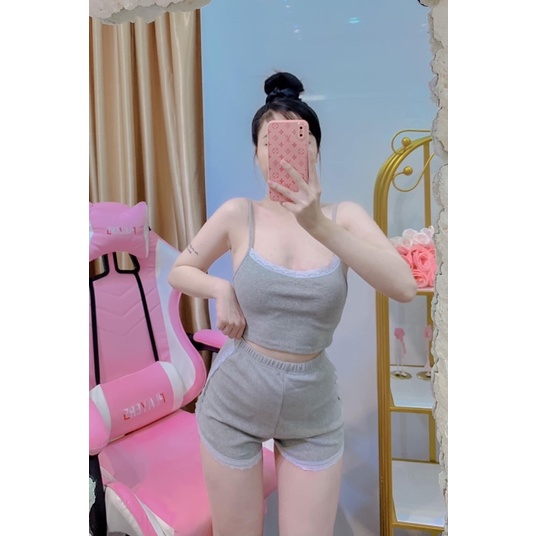 Sét đồ bộ nữ áo 2 dây gân phối ren viền chất vải thun gân len 4 chiều FreeSize dưới 51kg