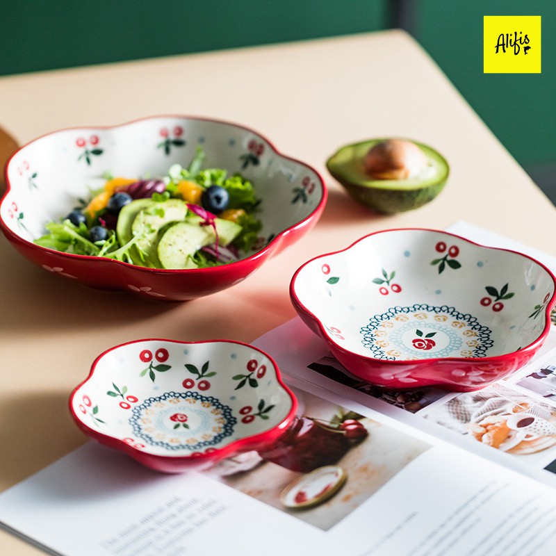 Đĩa sứ decor, tô salad trang trí họa tiết Cherry hình tròn, cách điệu cánh hoa, trái tim Alifis