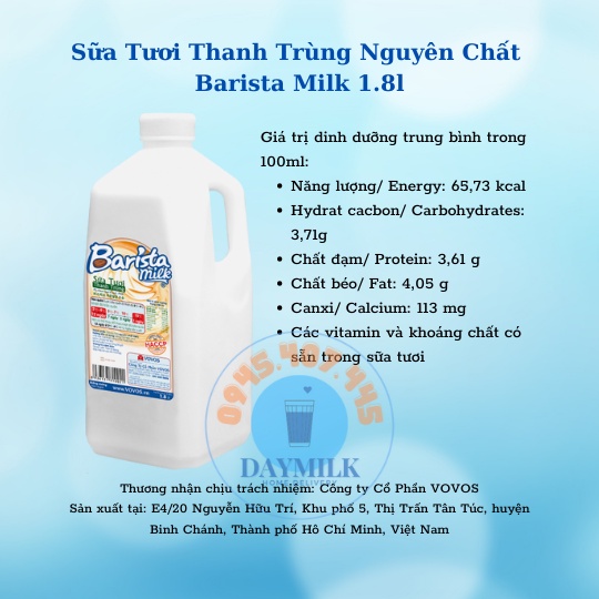 [TP HCM] Sữa tươi thanh trùng không đường Barista milk 1,8lit